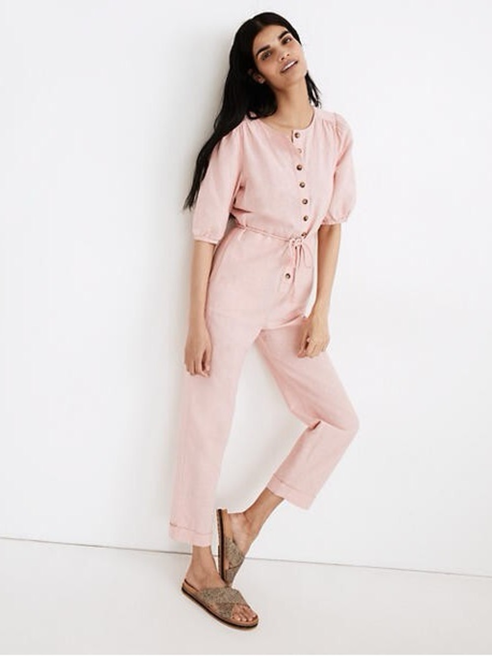 Madewell Soft Pink Button-Front Linen Jumpsuit L
